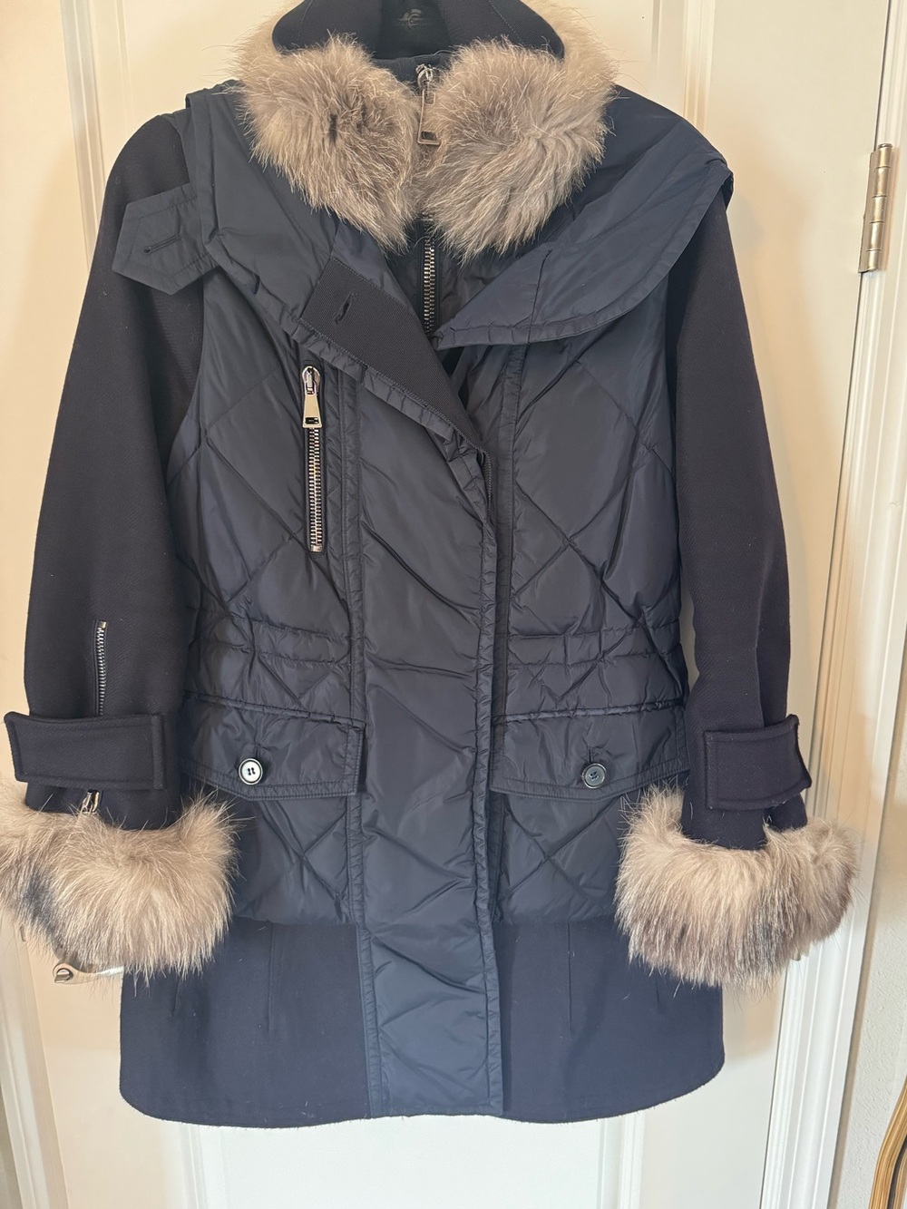 Moncler Navy Blue Quilted Puffer Coat with Fox Fur Trim